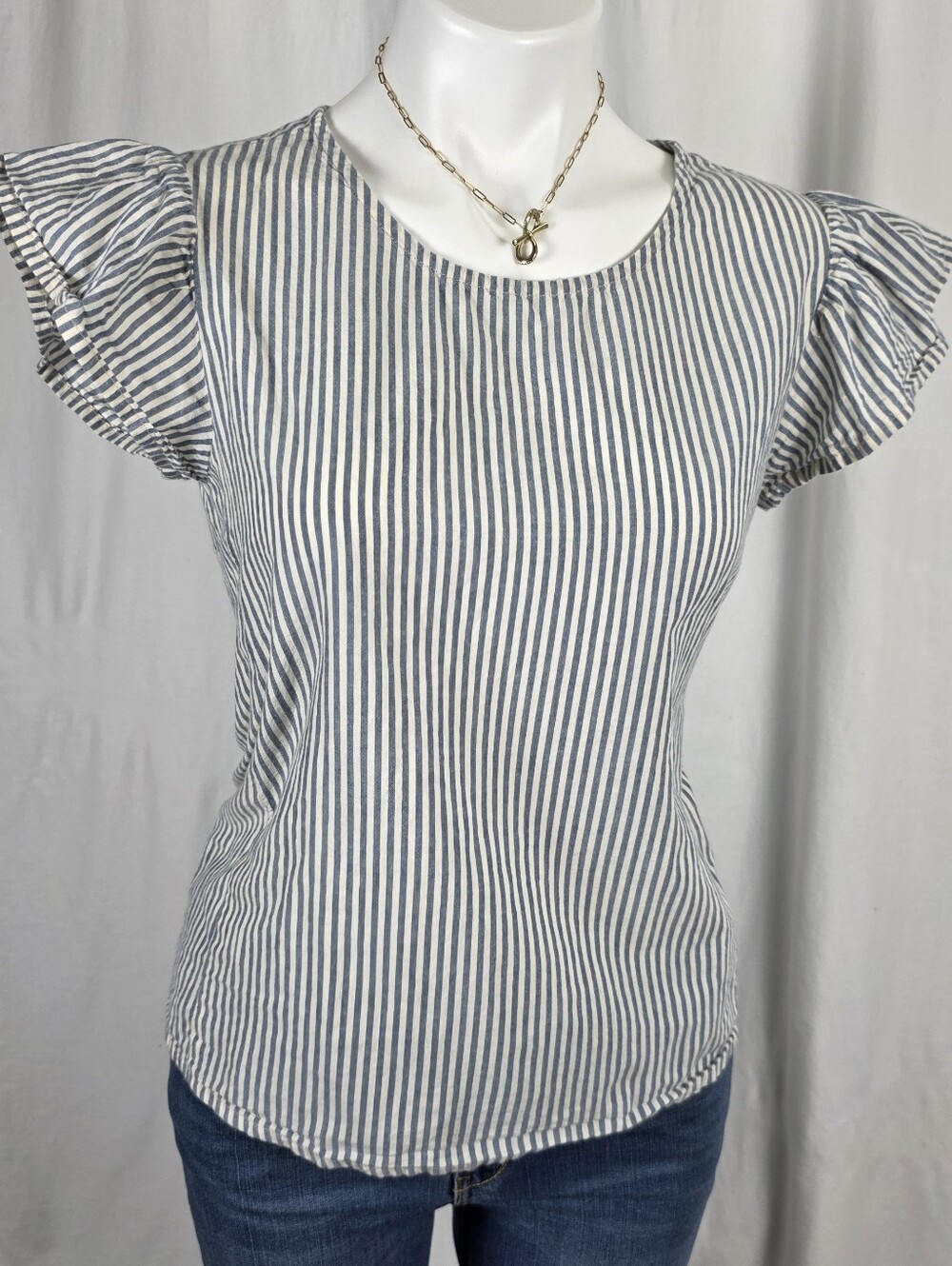 Blue & White Pinstripe Flutter Sleeve Top – Size Small – 100% Cotton Coastal